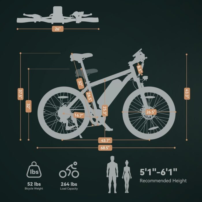 ESKUTE M100 Electric Bike, 27.5" Electric Mountain Bike, 250W Brushless Motor, 36V 10.4Ah Removable Battery, LED Display, E-MTB E-bike Electric Bicycle For Adults Men Women - Image 7